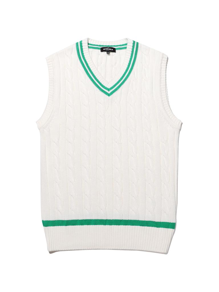 20Th Hole Cable Contrast V-Neck Knit Vest [Ivory Green]