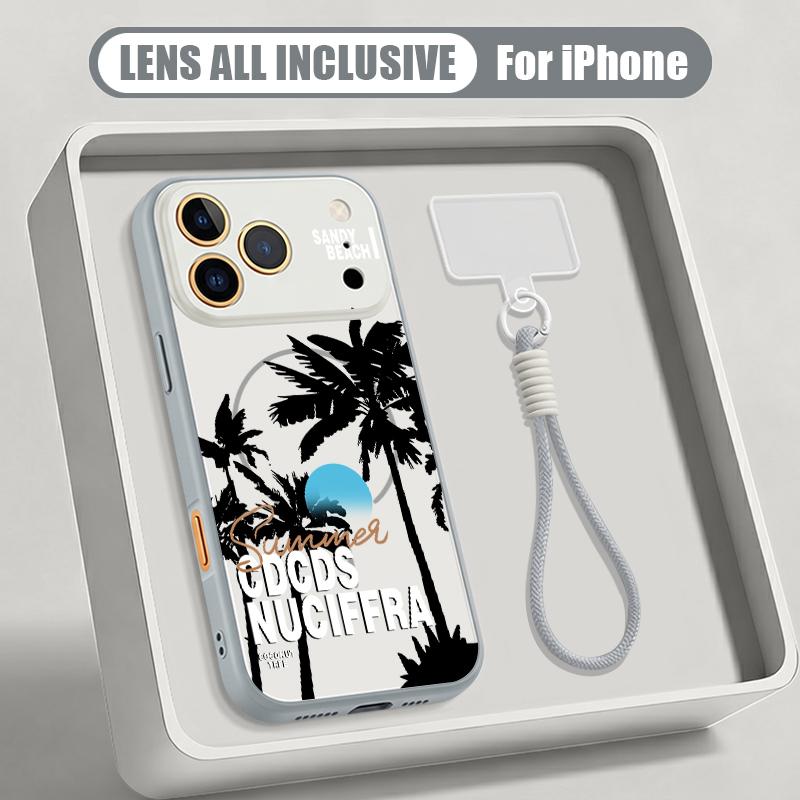 Creative Coconut Sunset Pattern Hand Strap Case For iPhone 17 Pro Max iPhone 16 15 14 13 Pro Max Magnetic For Magsafe Hybrid TPU+PC Matte Cover