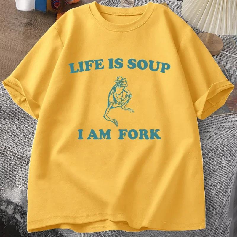 Life Is Soup I Am Fork Frog Graphic T Shirt Unisex Funny Retro Tshirt Summer Animal Printed Tshirt Frog Meme Tees