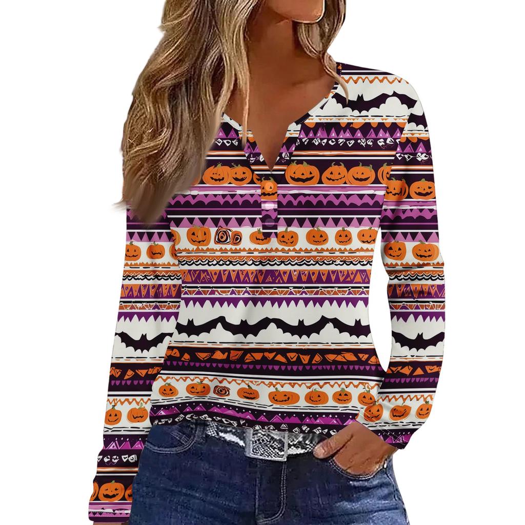 Women's Long Sleeve V-Neck T-Shirt with Button and Halloween Print Casual Top