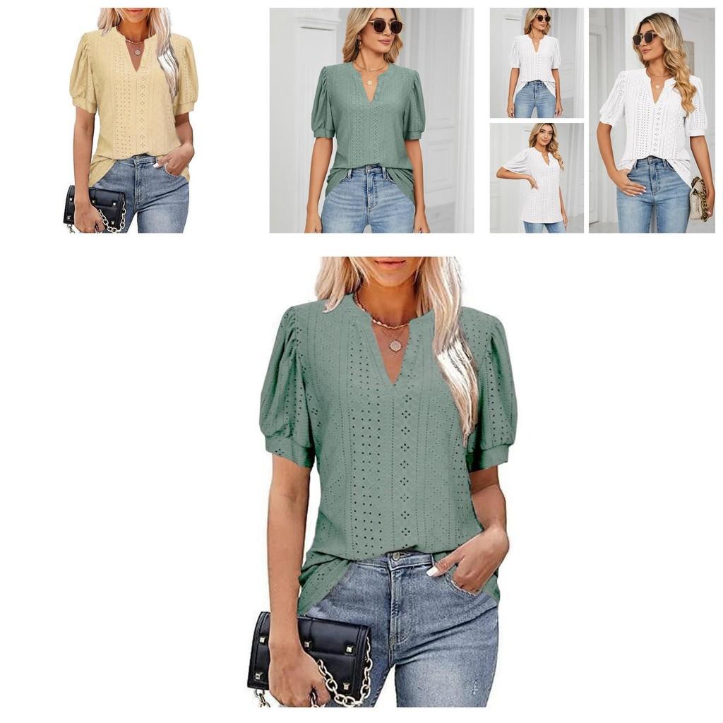 Stylish V-neck Solid Color Blouse With Short Sleeve Cut Out Lace
