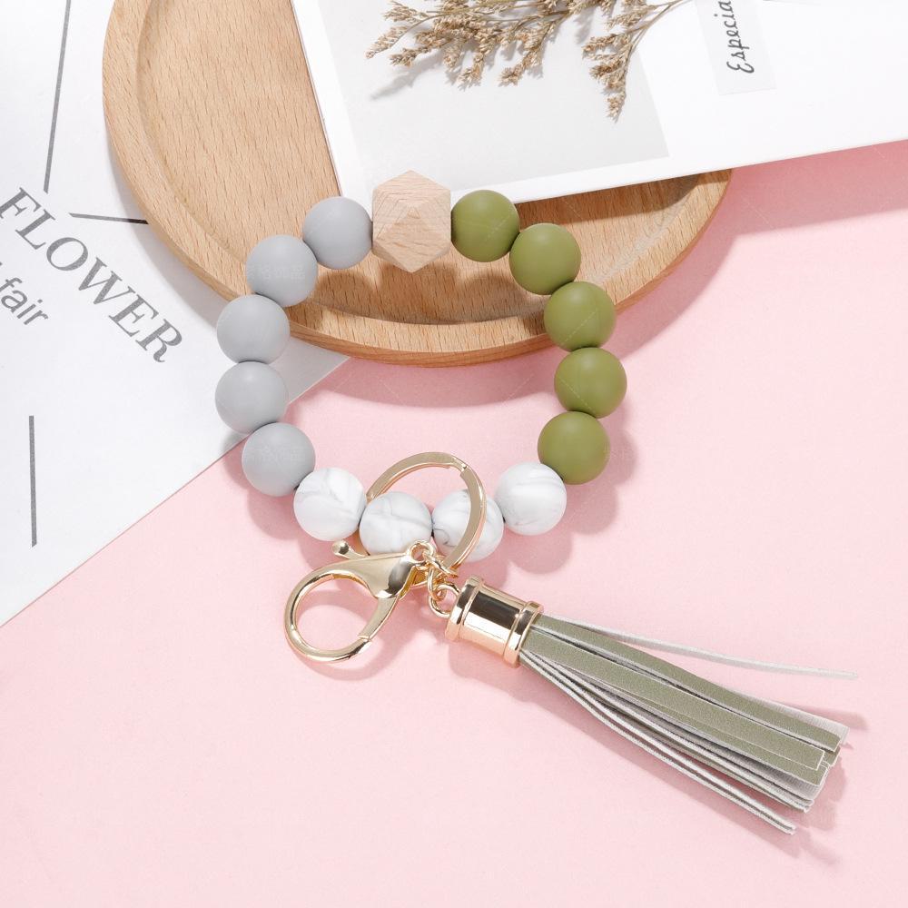 Elegant Silicone Bead Keychain Bracelet with Leather Tassel - Women's European and American Style