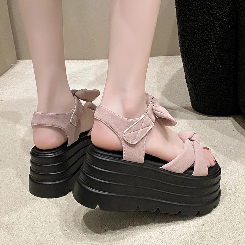 Fashion 8CM High Platform Sandals Women New Summer Breathable High Heels Ladies Butterfly-knot Sneakers Wedges Chunky Slippers Sandalias