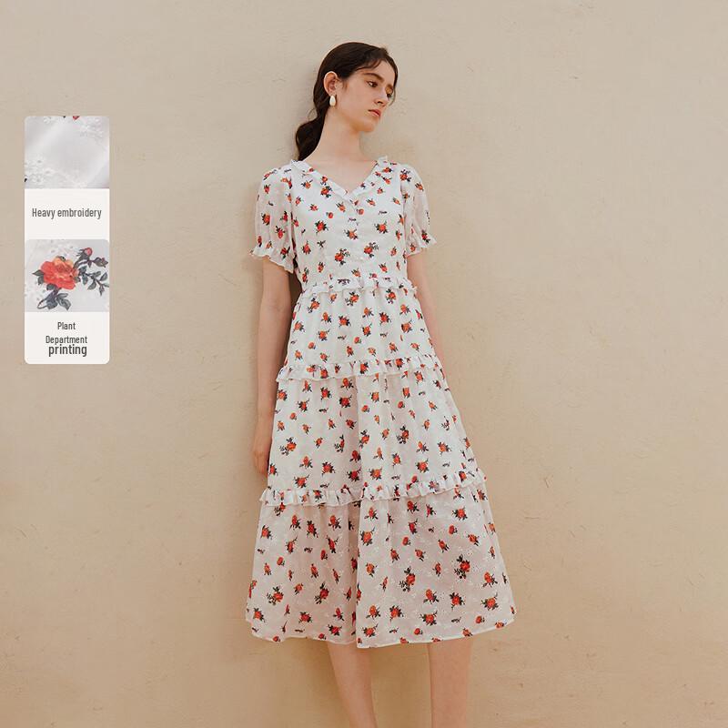 INMAN French V-Neck Floral Print Midi Dress S