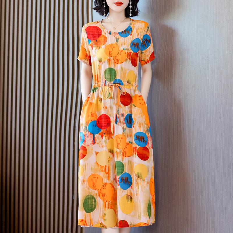 Elegant Dresses for Women  New Casual Vintage Print Long Dress Summer Short Sleeve Korean Style Female Clothing