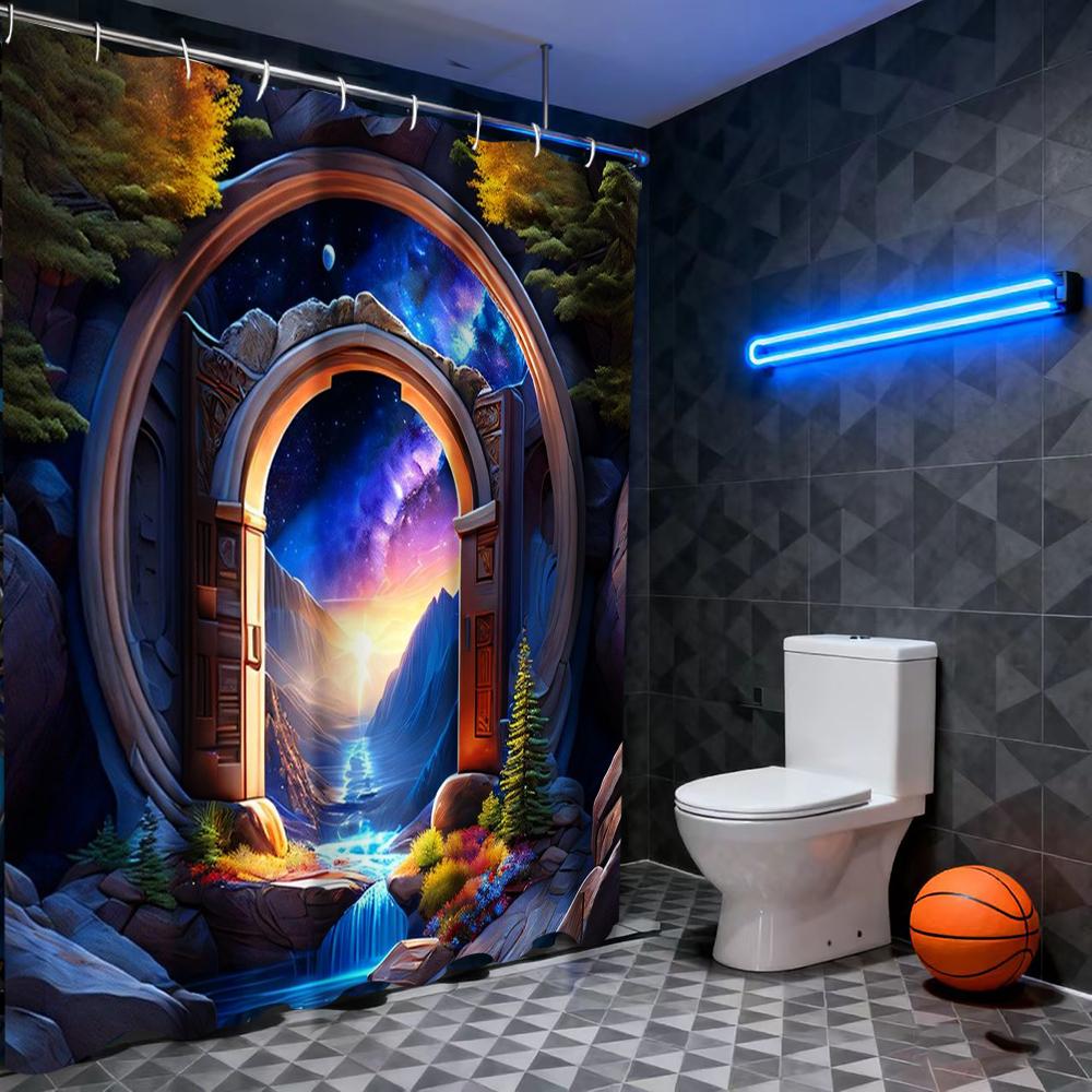 Floral Door Pattern Shower Curtain, Bathroom Shower Waterproof Curtain with 12 Hooks, Fish Shaped Home Decoration, Free Delivery