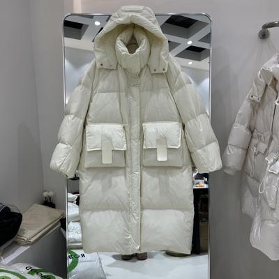 2024 Winter New Medium and Long Knee-length Hooded Thickened Loose Leather Bag Cover Fashionable Light Luxury Korean Version of White Duck Down Jacket