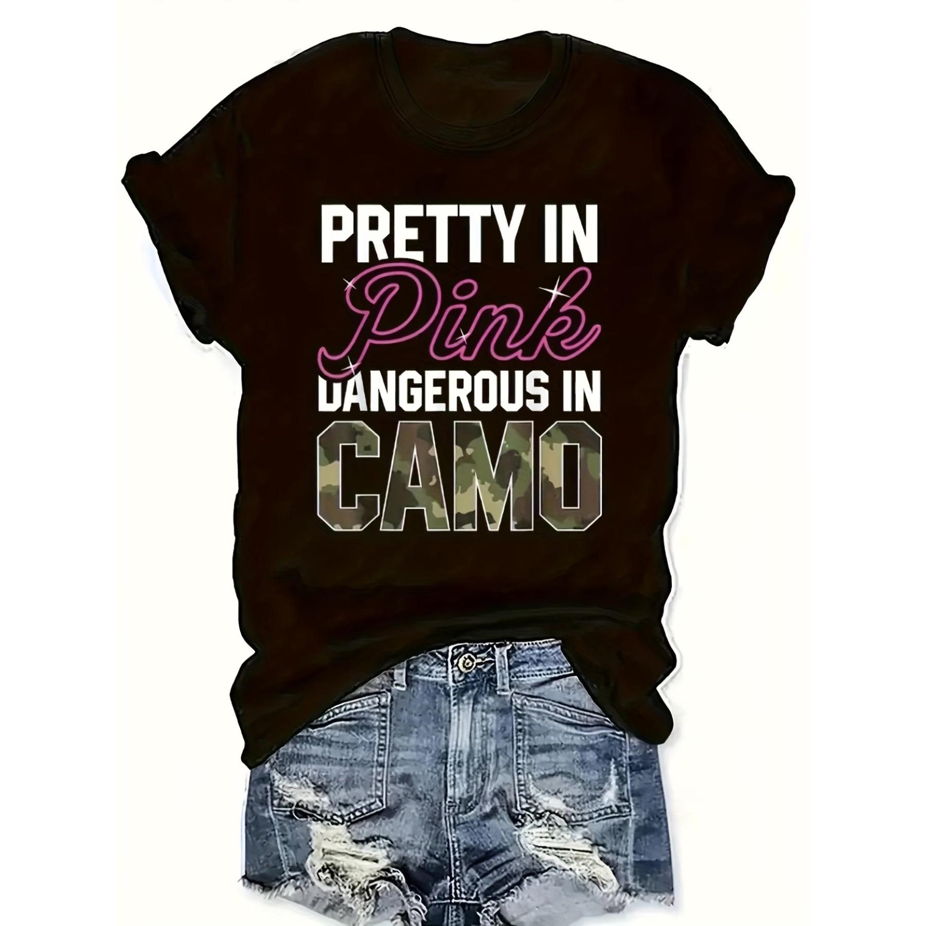 Women S Casual  Pretty in Pink, Dangerous in Camo  Graphic T-Shirt - Black with Pink & Camouflage Print, Round Neck, All-Season Top S