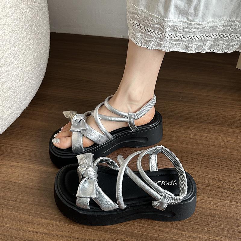 Fairy Wind Bow Sandals Female 2025 New Summer Wear Thick Sole Heightening Skirt Beach Roman Shoes