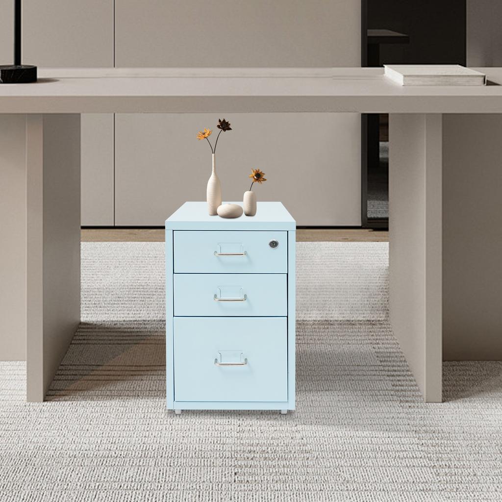 3-Drawer Metal File Cabinet with Lock & Wheels, Blue - Modern Office Storage, Secure Filing Cabinet, Compact Size 28x41x48cm