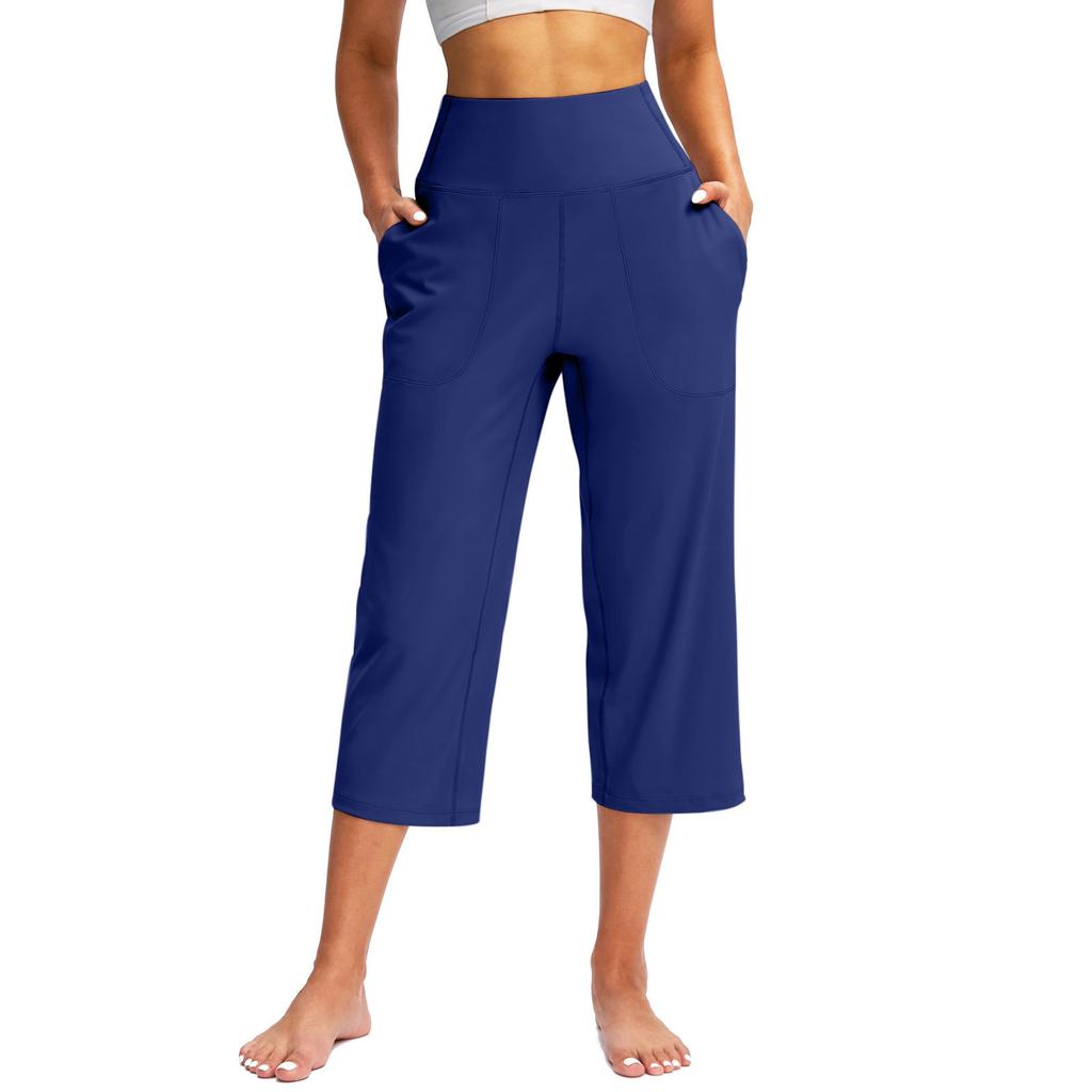 Summer Women Sports Yoga Pants Astic High Waist Casual Active Fit Wide Capris Leg Pants Yoga Leggings Soft Gym Knee Length with Pockets