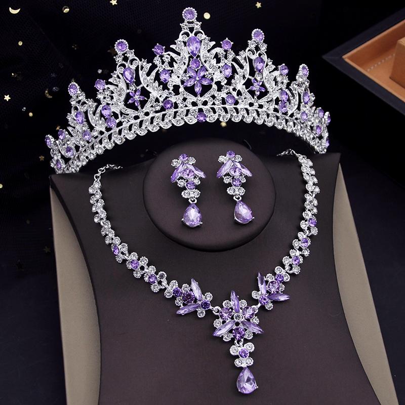 Luxury Green Crown Bridal Jewelry Sets for Women Tiaras Necklace Earring Set Wedding Choker Bride Evening Jewelry Set Fashion