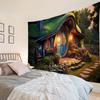 Forest wooden house tapestry landscape wall hanging, bedroom living room cartoon wall background poster, home art decoration
