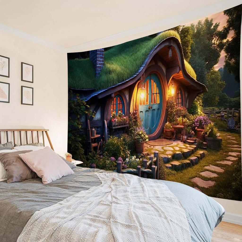 Forest wooden house tapestry landscape wall hanging, bedroom living room cartoon wall background poster, home art decoration