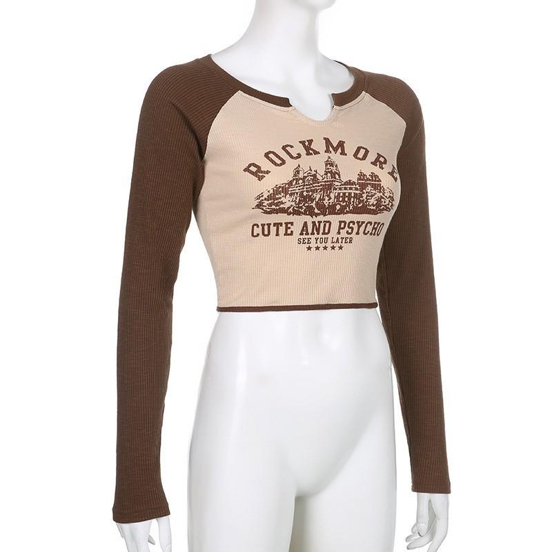 Y2K Retro Architectural Letter Print V-neck Contrasting Color Early Autumn Raglan Sleeves with Strap Base Top