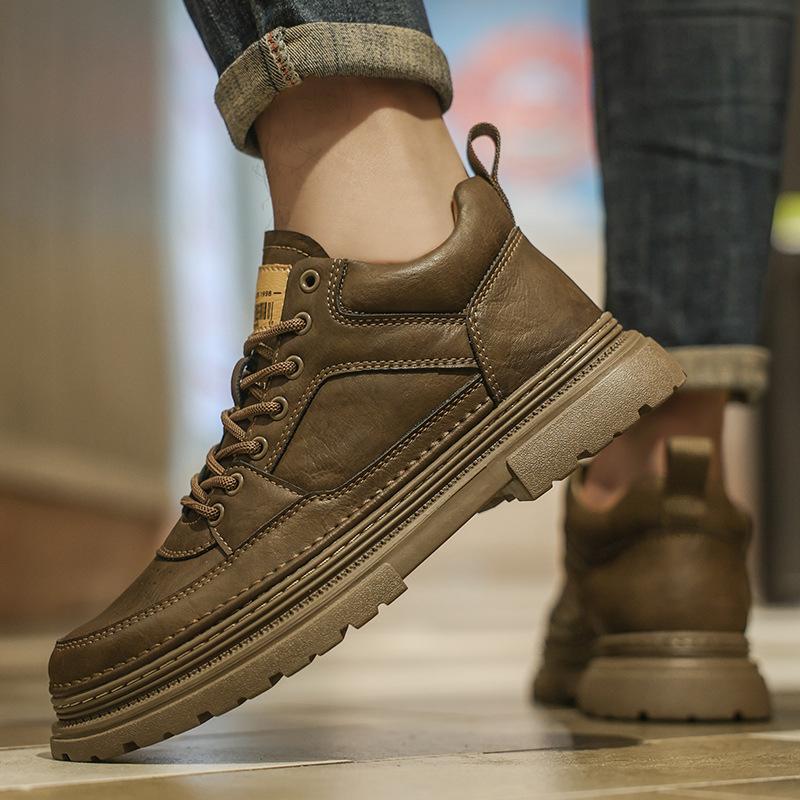 Martin Boots Leather Spring Mid-top British Style Casual Leather Shoes Khaki Outdoor Retro Waterproof Tooling Boots