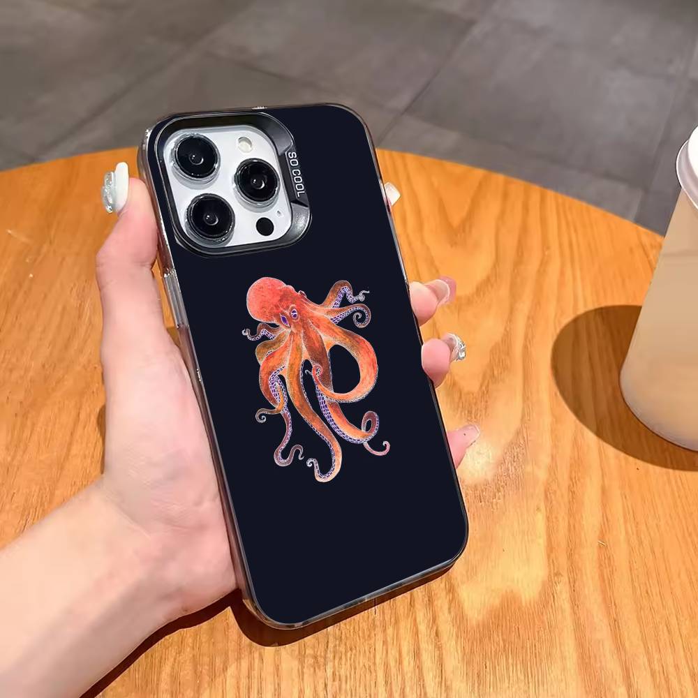 O-Octopus S-Sea Animals O-Ocean Phone Case For iPhone17,16,15,14,13,12,11,Pro,MAX Gray Matte Silicone Black Cover