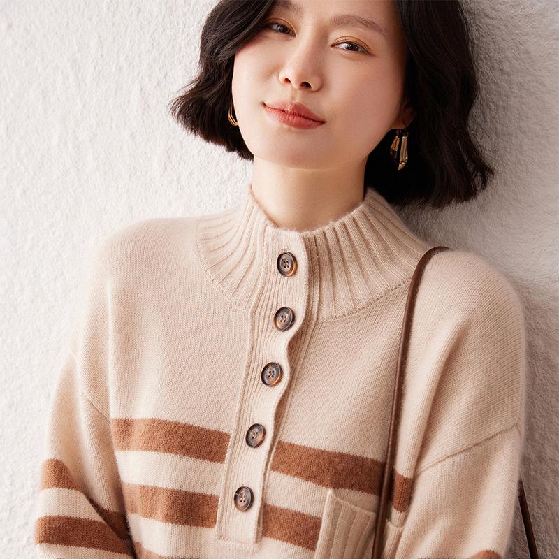 Lekasha Cashmere Striped Knit Sweater - Versatile, Skin-Friendly, Loose Fit for Autumn/Winter