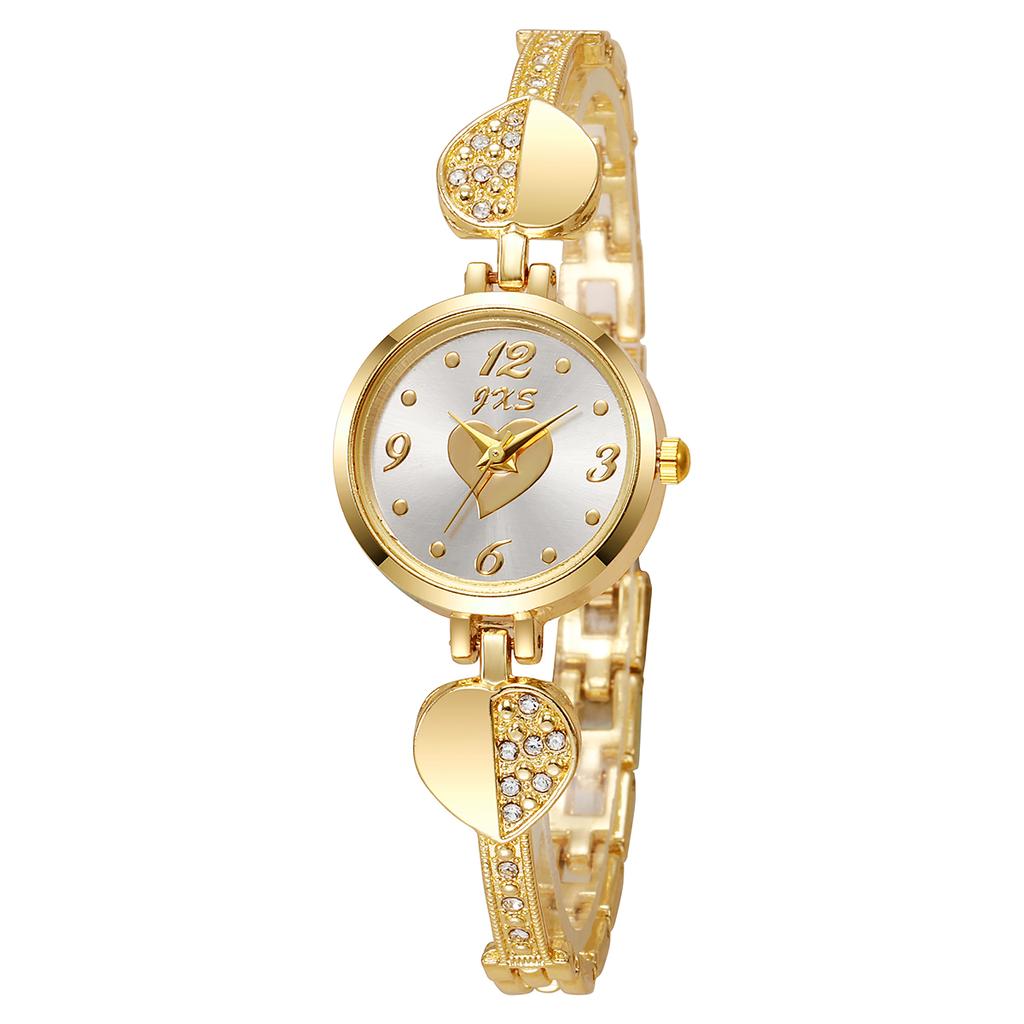 New Small Gold Watch with Diamond Inlaid Bracelet Watch, Women's Compact Round Quartz Watch