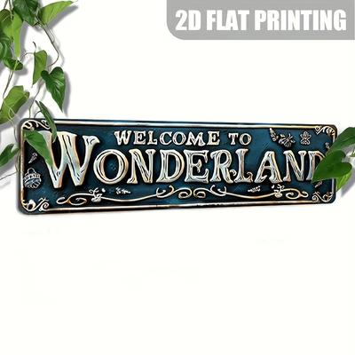 Letrero de aluminio vintage 'Bienvenido a Wonderland' (15.7" x 3.9") - Perfecto para decoración de hogar, jardín, bar y cafetería