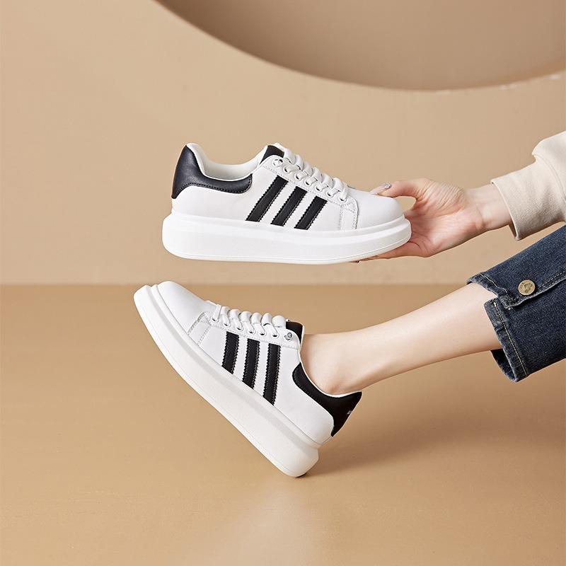 Spring Small Size Casual Shoes for Women, Thick-soled Leather Little White Shoes for Women, Lace-up Color Matching Student Shoes