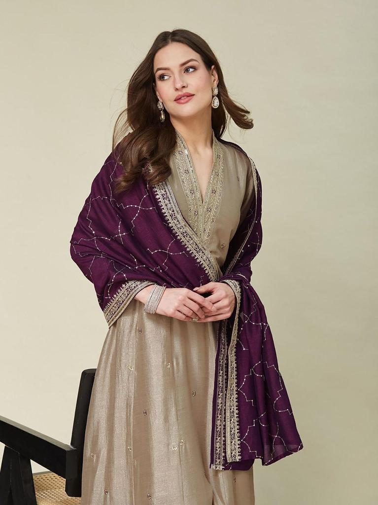 Beige-Gold Silk Anarkali Kurta Pant Set with Contrast Wine Purple Dupatta