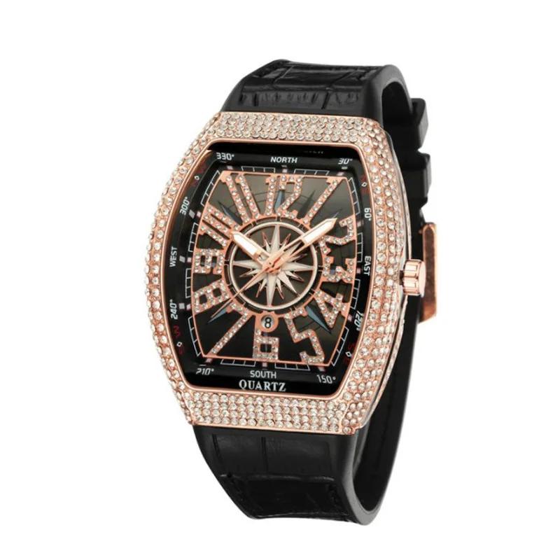 

Luxury Mens Skull Big Face Watches Rectangle Punk Diamond Dial Leather Strap Calendar Quartz Watch for Men Sports Wristwatches