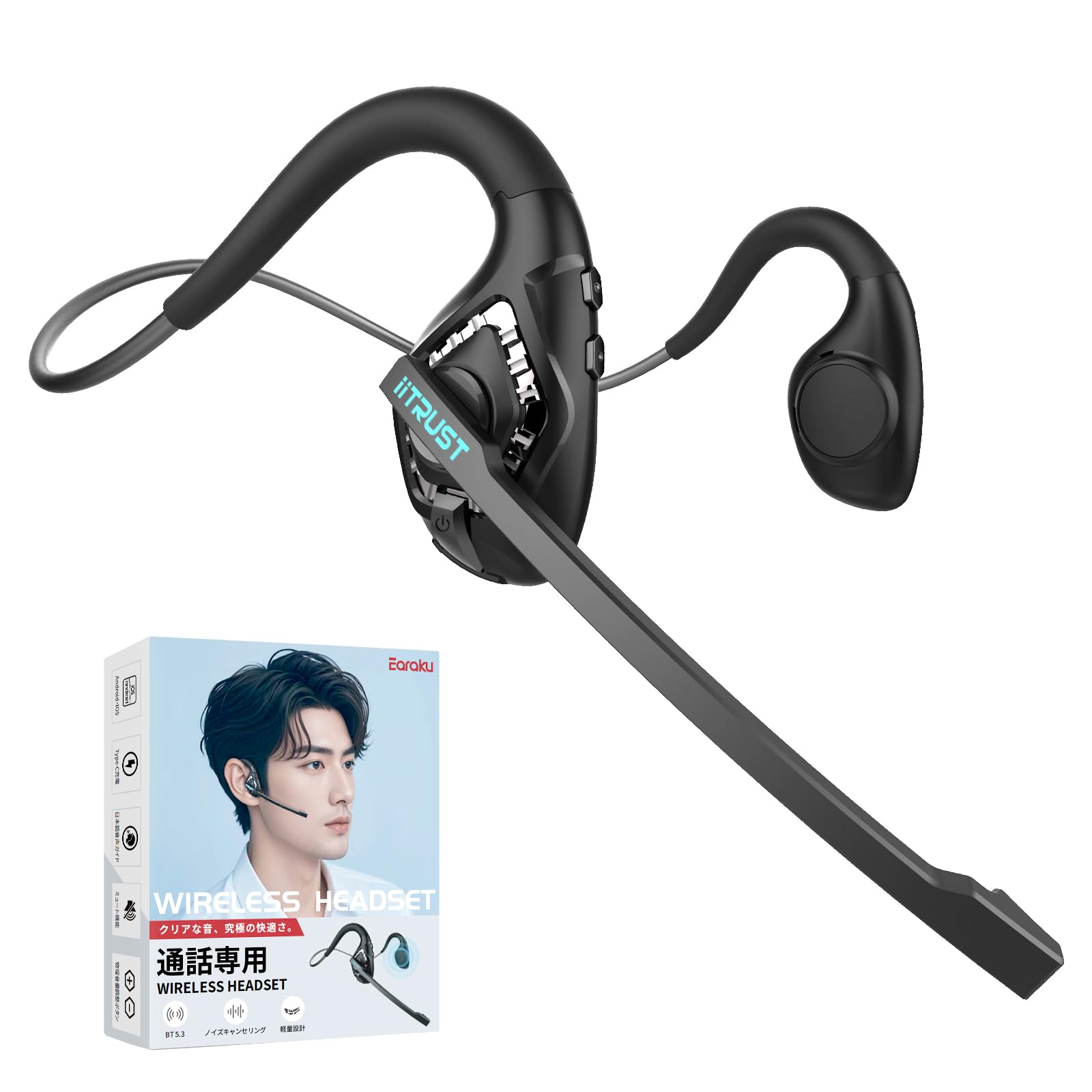 

Earaku Bluetooth-гарнитура 2025 Звонки Bluetooth-гарнитура Беспроводной микрофон Наушники Шумоподавление ENC Голосовая подсказка на японском языке Открытое ухо Не блокирует чёрный