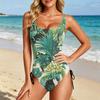 Women's Swimsuit with Tropical Leaf and Floral Print Adjustable Side Drawstring Scoop Neck Bathing Suit