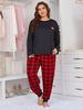 Women's Plus Size Heart Print Pajama Set - European & American Style, Long Sleeve Loungewear