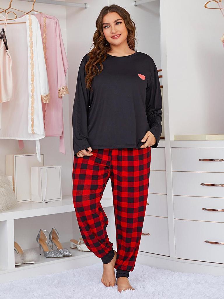 Women's Plus Size Heart Print Pajama Set - European & American Style, Long Sleeve Loungewear