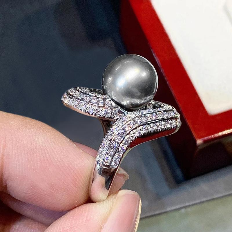 Huitan Luxury Women Rings Black Simulated Pearl Finger Accessories Party Holiday Unique Design Inlaid Shiny CZ  Jewelry