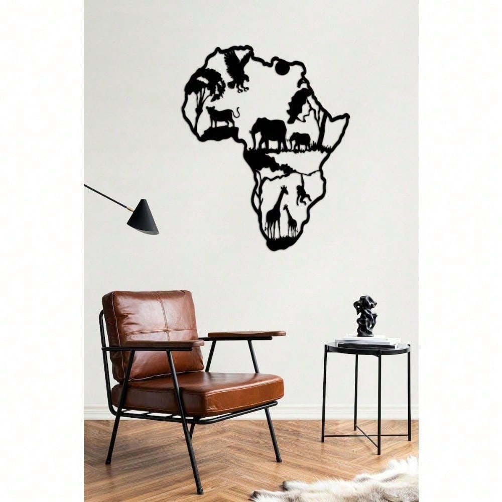 Black Africa Map Metal Wall Art, Wildlife Silhouette Sculpture with Rotating Hook, Unique Home Decor & Gift