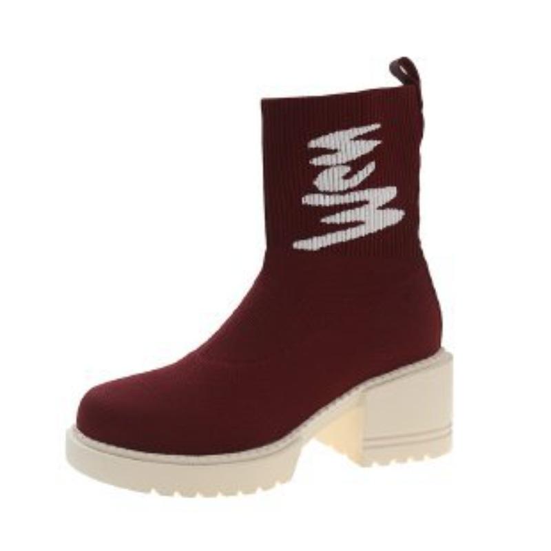 Large size thick-heeled socks shoes autumn new casual mid-top shoes thick-soled versatile short tube elastic thin boots