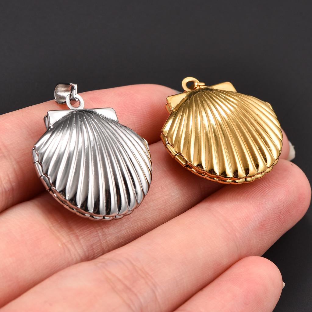 Stainless Steel Seashell Photo Locket Pendant Necklace for Women Men Picture Box Frame Charms Chain Metal DIY Jewelry Accessory