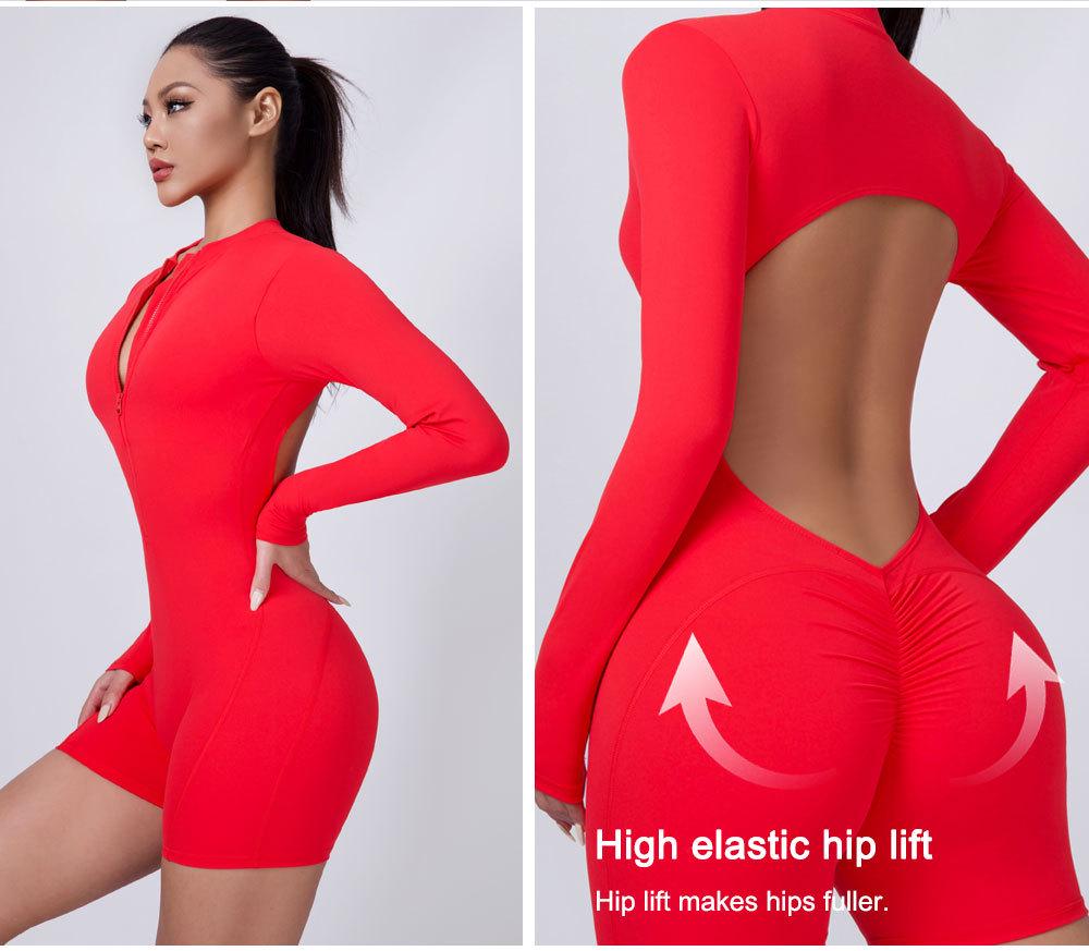 European & American Peach Lift One-Piece Yoga Bodysuit: Cross-Back, Hollow Design, Outerwear, Sports Shorts Style.