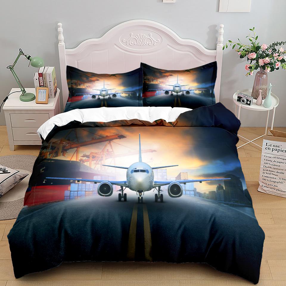 Comforter 3D Airplane King Queen Blue Sky Aviation Aircraft Runway Bedding Set Modern Transport 2/3Pcs