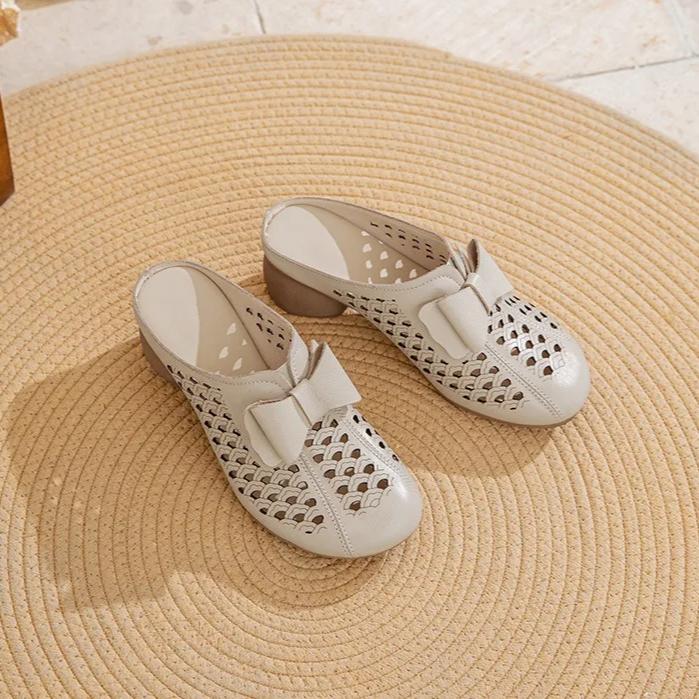 Johnature Women's Slippers Genuine Leather Hollow-out Thick Heel Flower Round Toe Versatile Women's Shoes