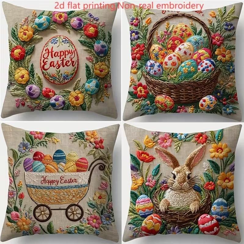 1 Stück Osterhase Kissenbezug Frühling Blumen Kissenbezug Hase Küken und Ei Druck Festival Sofa Kissenbezug Heimdekoration