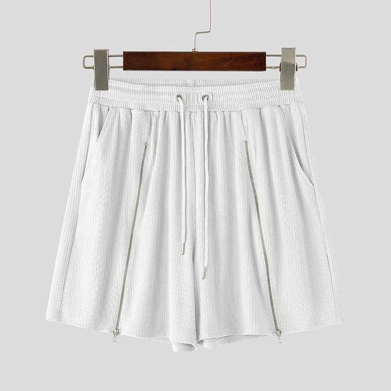 INCERUN Men Drawstring Elastic Waist Side Zip-up Casual Rib Shorts Pants Home Wear