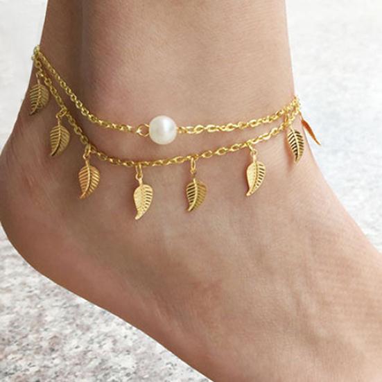 Leaf Tassels Two Layer Faux Pearl Beach Sandal Ankle Chain Foot Bracelet Anklet