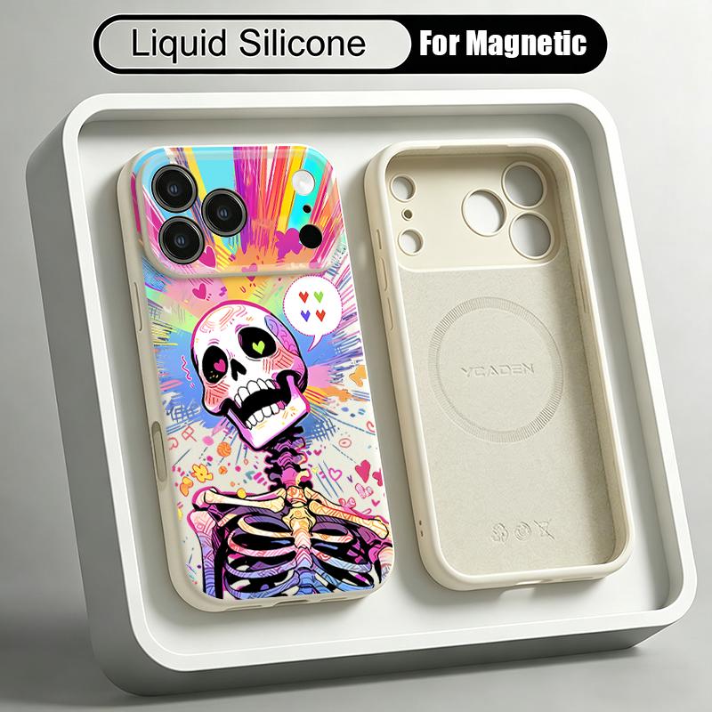 Colorful Skeleton Pattern Case For iPhone 17 Pro Max Magnetic For Magsafe Liquid Silicone Cover For iPhone 16 15 14 13 Pro Max