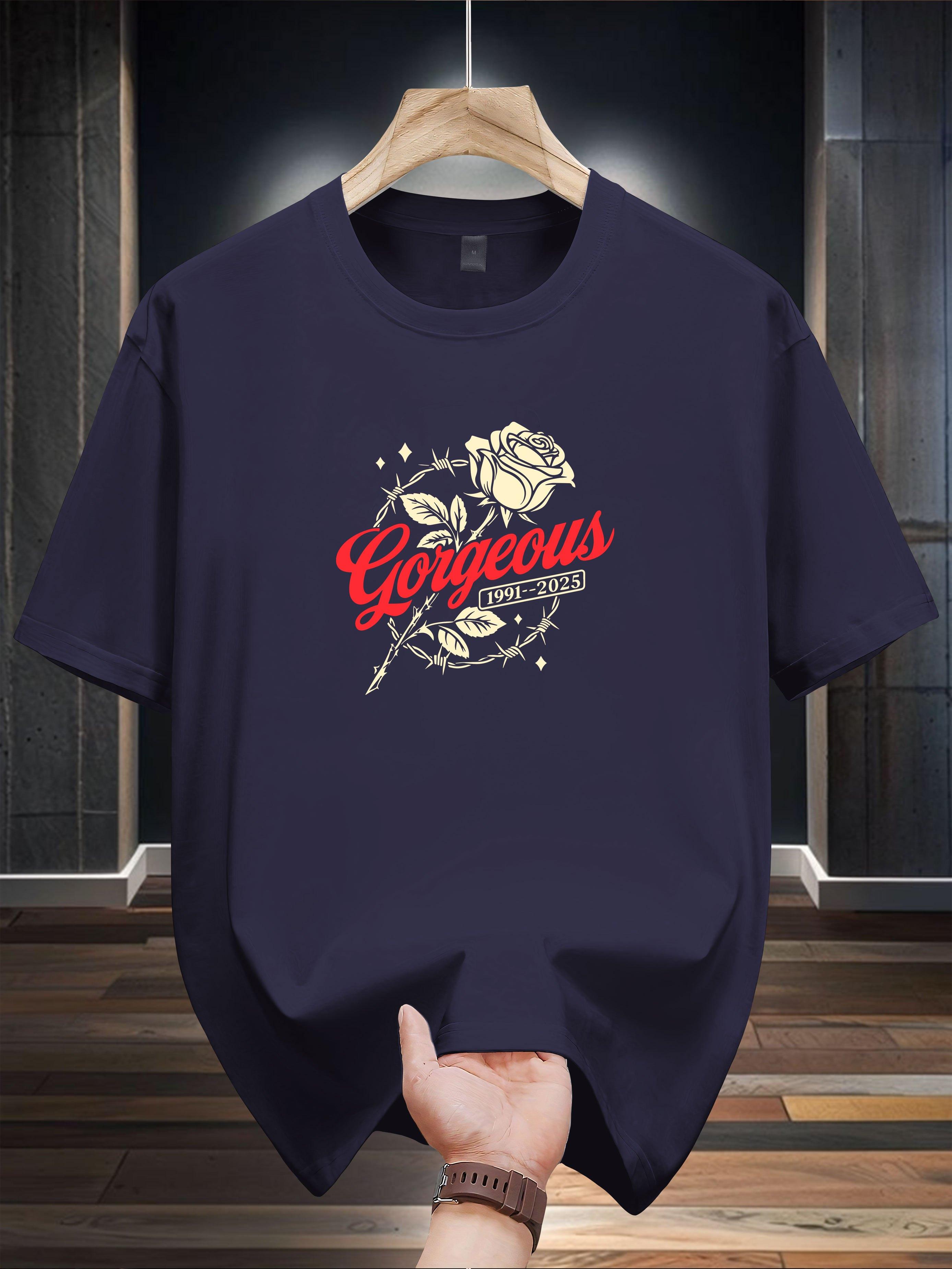 Niuwang Selection  T-shirt - Black Casual Graphic Tee with  Gorgeous  Red & White Rose Print M