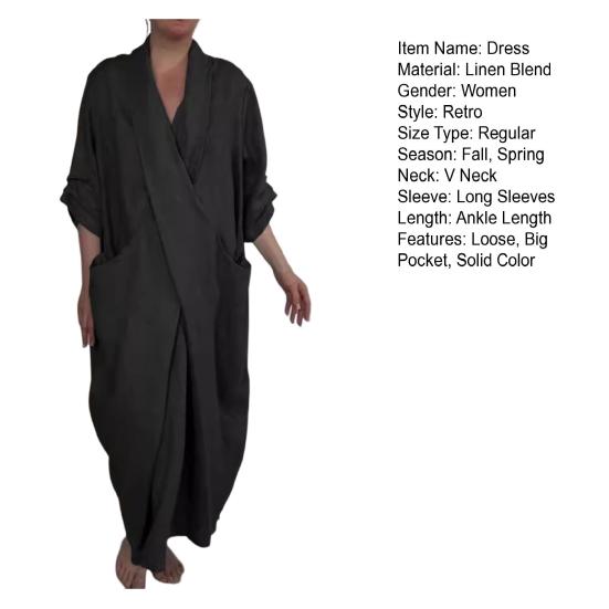 Spring Fall Maxi Dress Robe Baggy Cross V Neck Solid Color Large Pocket Retro A-line Bohemian