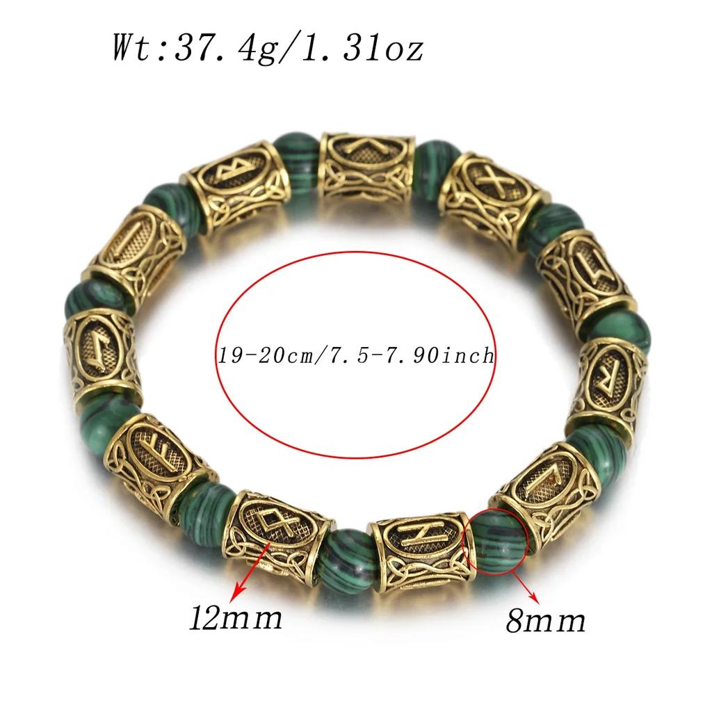 Vikingarunor Malakitarmband 8 mm Naturstenspärlor Rostfritt Stål Guldpläterat Armband för Män Smyckespresent