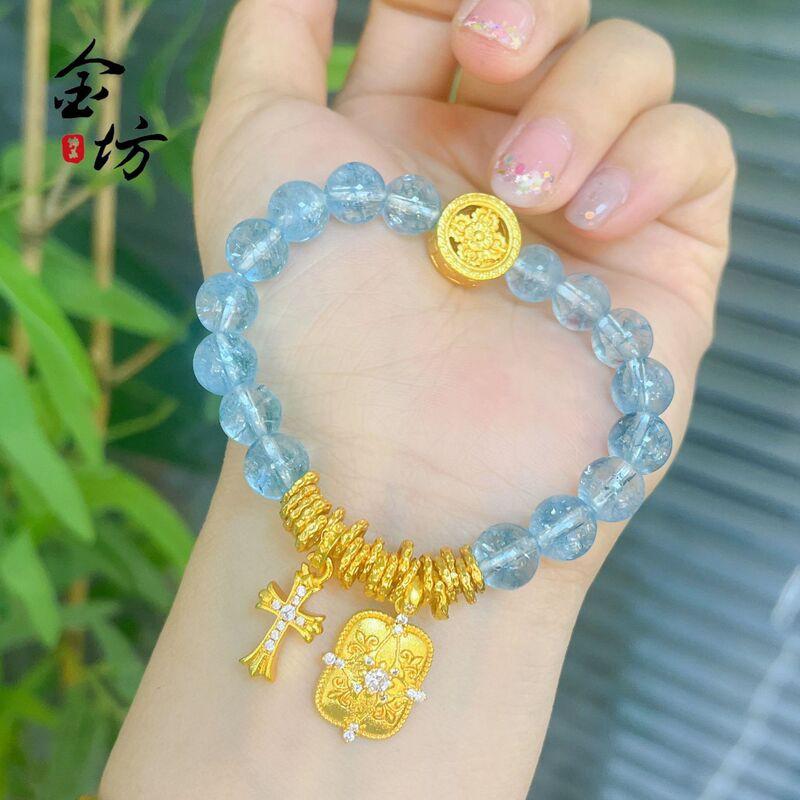 Gold Plated Cross Pendant Crystal Beaded Bracelet Women Lightweight Fashion Jewelry Cross Pendant Crystal Beaded Bracelet, 1 pc