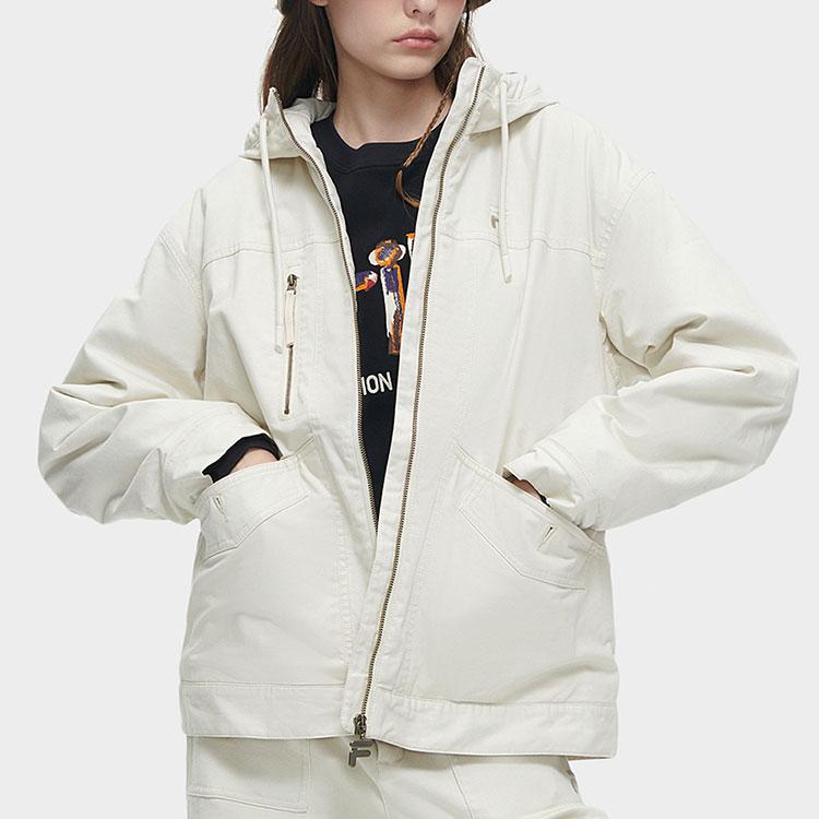 FILA Fusion Casual Loose Warm Workwear Hooded Cotton Jacket Women jackets Gray Wheat T11W413904F-BG