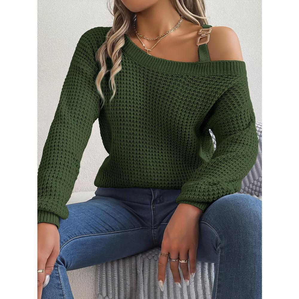 Damesweatshirt Høst/Vinter Casual Metallspenne Lappverk Off-Shoulder Klokkeermer Pullover Strikk Damer Strikket Topp