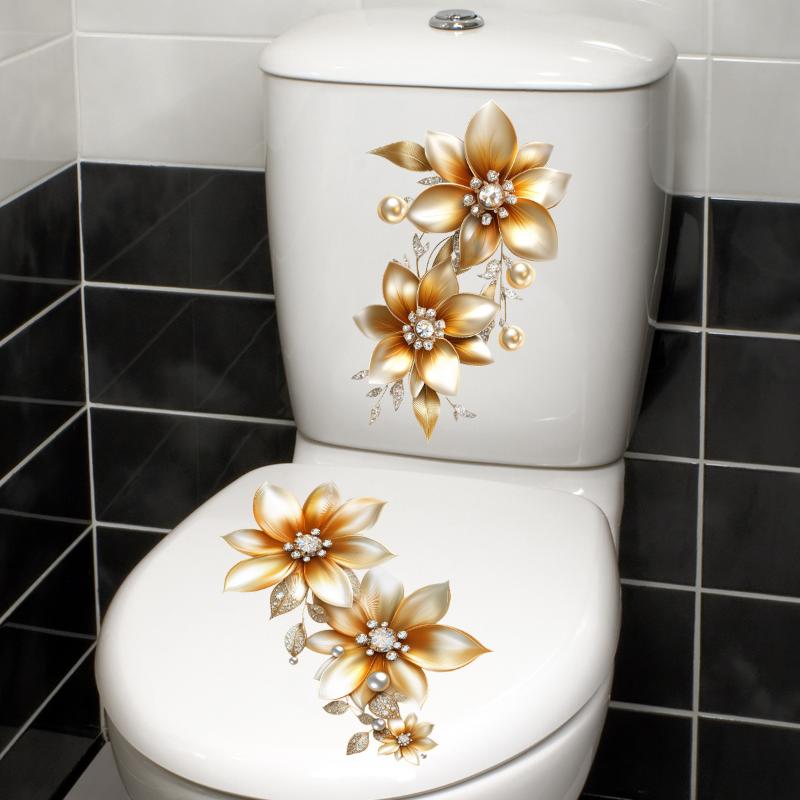 Kreativer Lichtluxus Goldene Blume Wasserdichter Toilettenaufkleber Badezimmer Wand Hintergrund Aufkleber Heimdekoration Selbstklebender Aufkleber