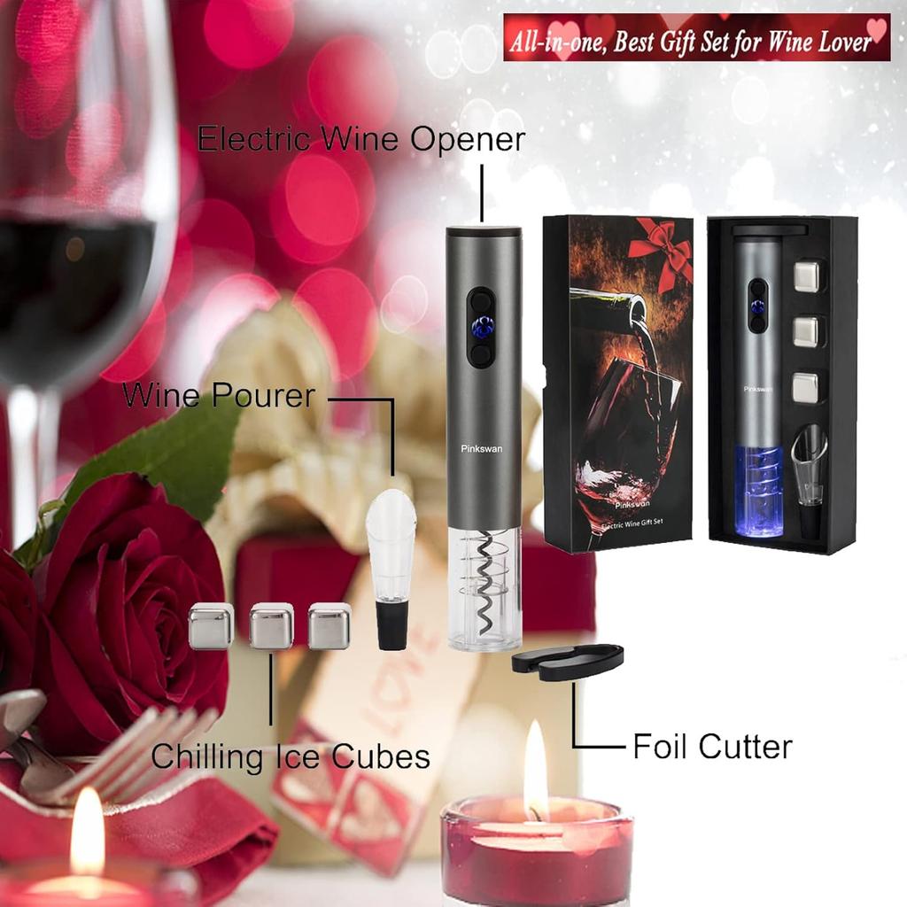 Wine Opener Electric Gift Set, Whiskey Stone Wine Lover Gifts with Wine Accessories of Automatic Corkscrew, Metal Ice Cube, Wine Pourer, Foil Cutter